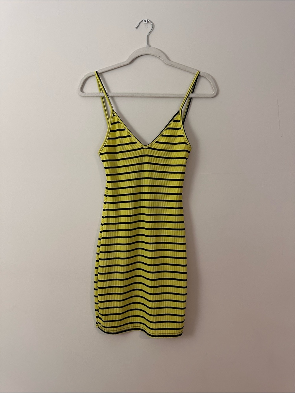 PrettyLittleThing Black Yellow Striped Ribbed Mini Dress - Size 6